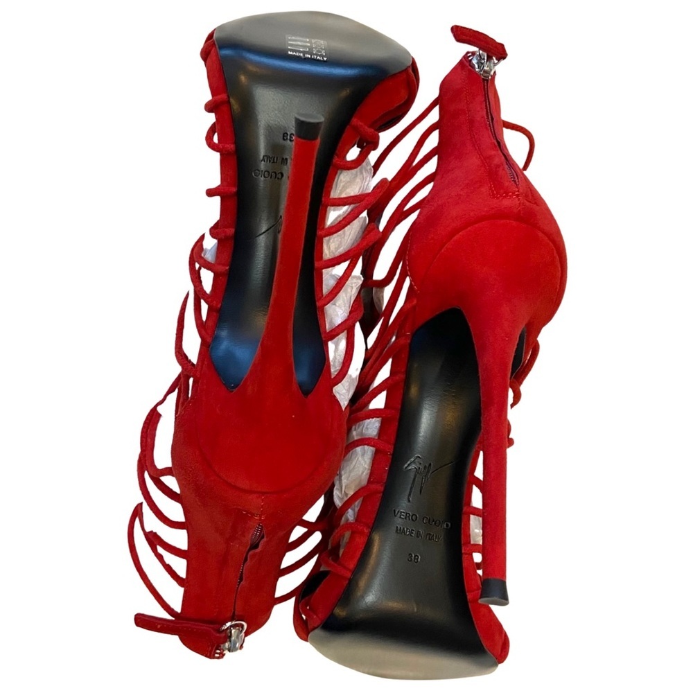 NWOB Giuseppe Zanotti Red Suede Zoey Cage Sandal Stiletto Heels Size 8 - Picture 10 of 11